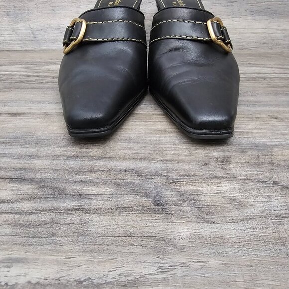 Liz Claiborne Flex Black Leather Buckle Slide Dressy Heel Mules Shoes - Picture 5 of 11